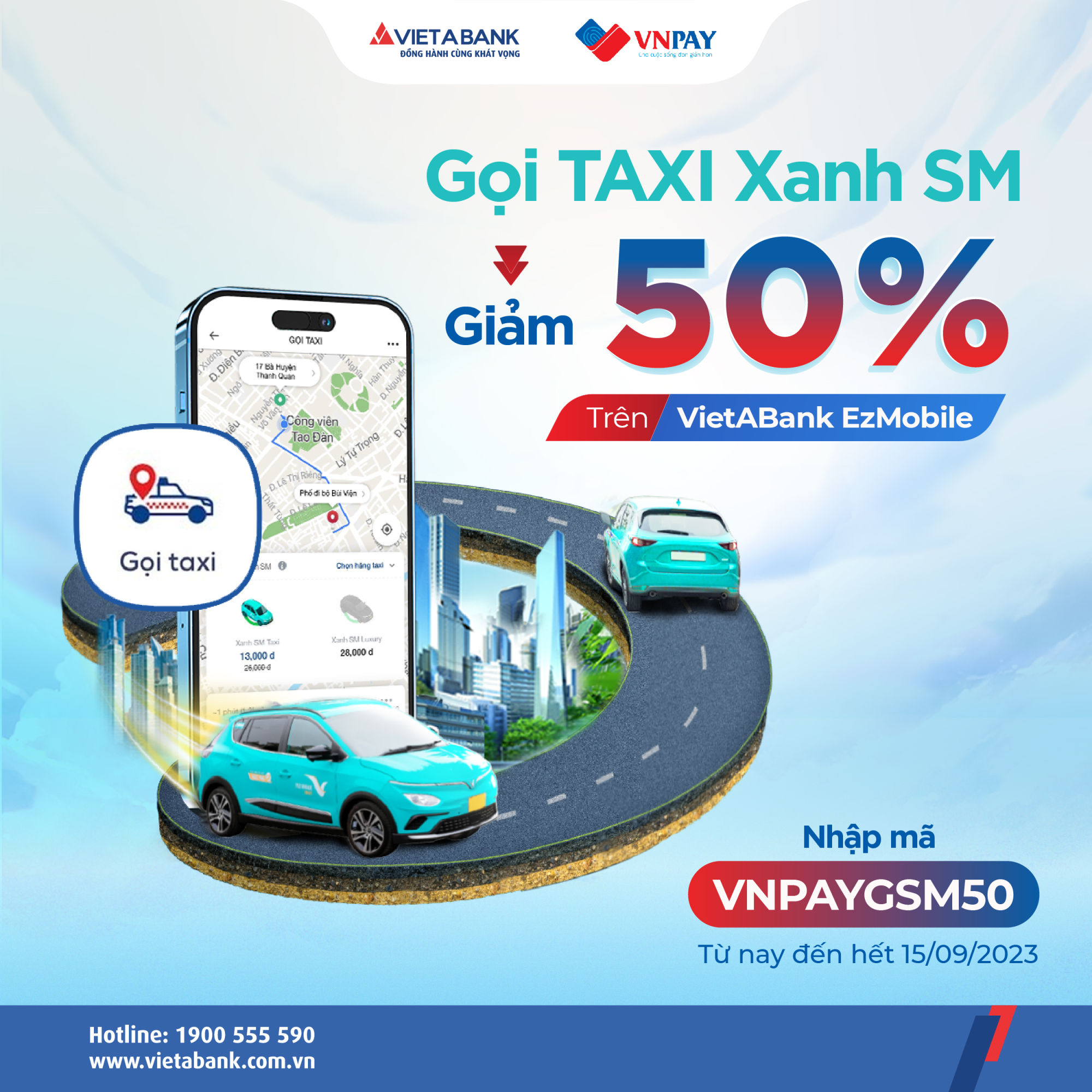 Giảm ngay 50% khi gọi taxi Xanh SM trên VietABank EzMobile